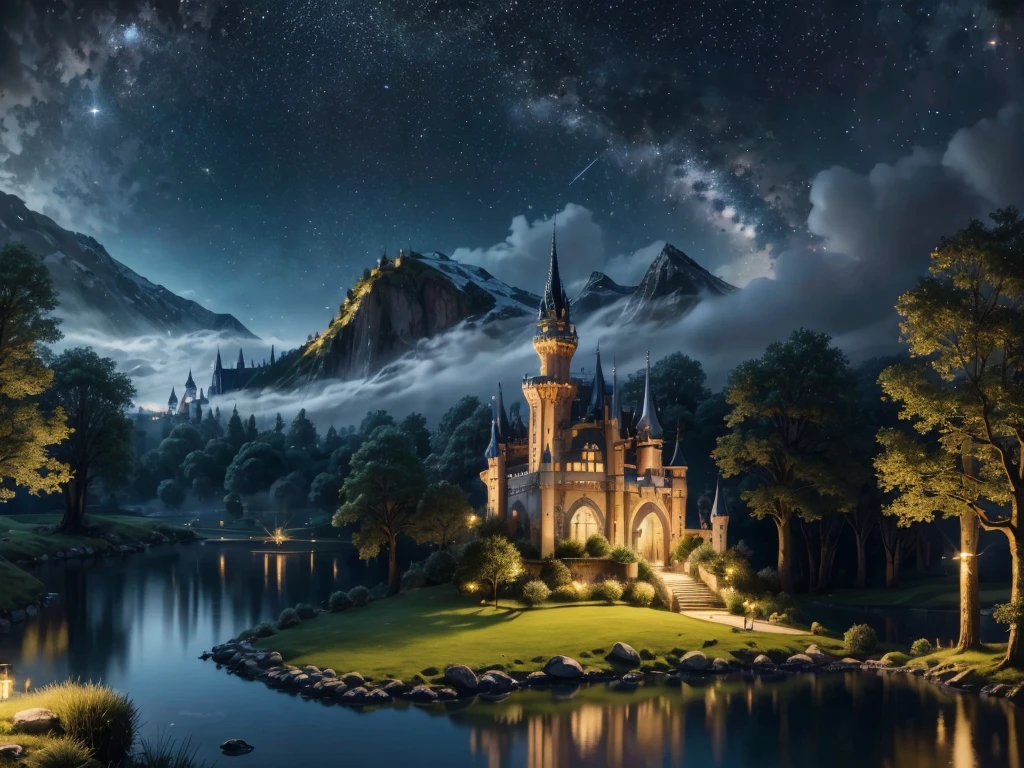 (high quality,4k,8k,highres,masterpiece:1.2),ultra-detailed,(realistic,photorealistic,photo-realistic:1.37),beautiful detailed eyes,beautiful detailed lips,extremely detailed eyes and face,long eyelashes,castle in a dream,majestic architecture,golden spires,reaching towards the sky,lush green gardens,thick vines crawling up the walls,hint of mist and magic,floating lanterns lighting up the night sky,fairy tale atmosphere,colorful fireworks illuminating the castle,a shimmering lake surrounding the castle,brilliant reflections on the water,serene and tranquil setting,harmonious blend of fantasy and reality,imposing towers and battlements,ornate carvings and intricate details,mystical creatures roaming the grounds,elegant princess in a flowing gown,starry night sky adorned with constellations,enchanted forest surrounding the castle,whimsical elements adding a touch of magic,soft sunlight casting a warm glow, ethereal and dream-like ambiance,creating a sense of wonder and awe.