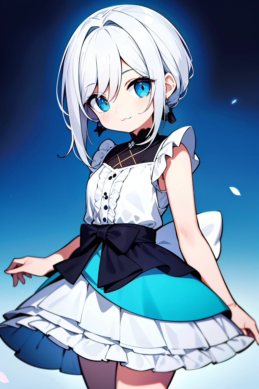 obra de arte, Excelente, 1 mulher, cabelo preto, Cabelo longo, olhos azuis, looking at the audience, :3, Bonitinho, coroa com a lua, vestido longo branco, fundo azul claro, poderosa, alta qualidade, Ultra HD