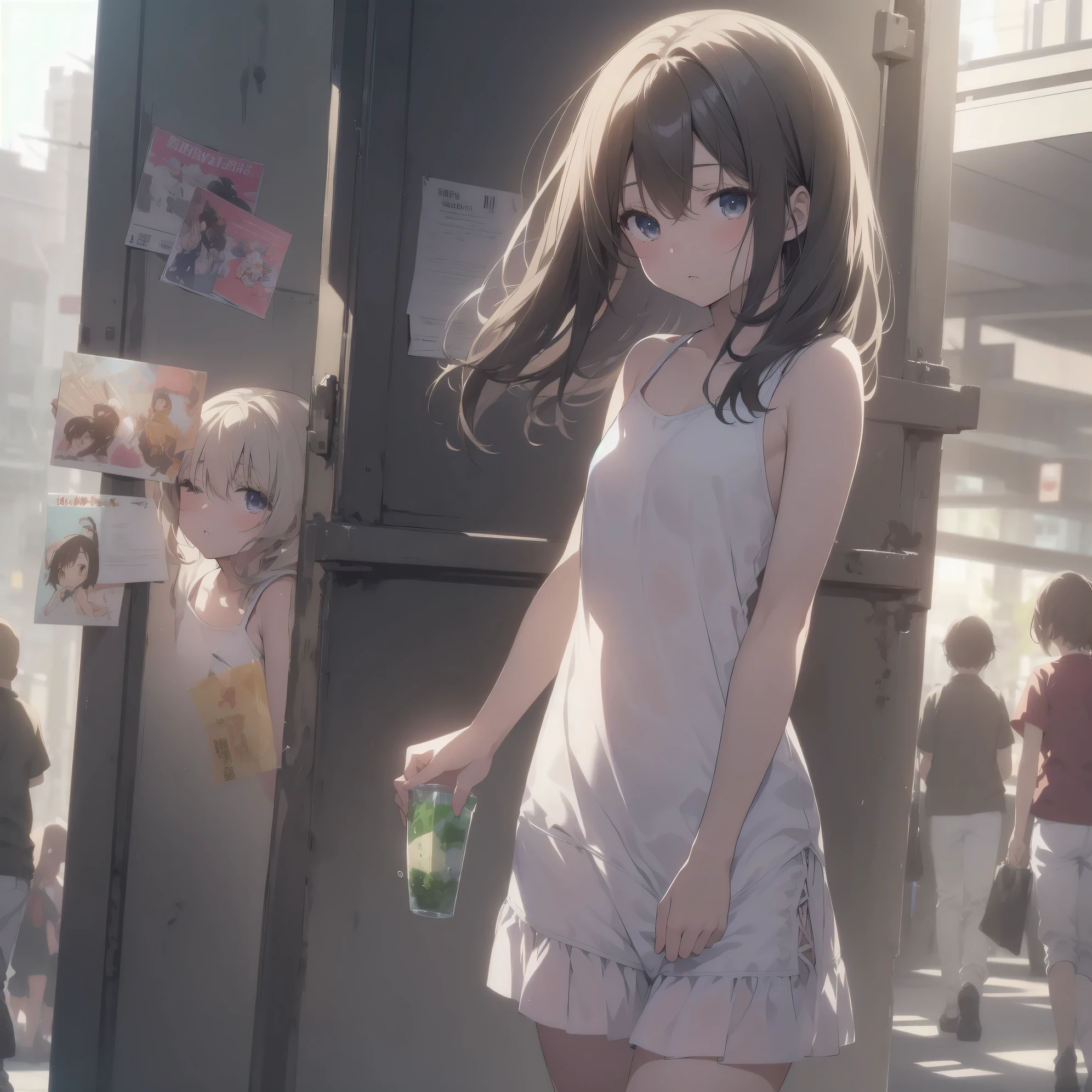 ultra-absurdres-Top quality by artist God, ultra-detailed, high resolution, anime moe artstyle, best anime 8k konachan wallpaper, pixiv contest winner, pool:2810, perfect anatomy,break, 1girl, (Solo,tomboy, 9-year-old:1.3),Full limbs, complete fingers,(very short hair), messy hair, flat chest, groin, small butt, small black eyes, beautiful detailed eyes, well-proportioned iris and pupils, expressive eyes, highres detailed hair, soft expression, tank top, short shorts, walking, sleepily, (Detailed Lighting), (Detailed background), in the School commute route. break,super detailed skin, Best cinematic lighting powered by famous artist, 8k,beauty illustration,photoshop_(medium),very aesthetic,break,((artist:itomugi-kun )), artist:bolze ,artist:oyari ashito ,artist:kantoku ,
