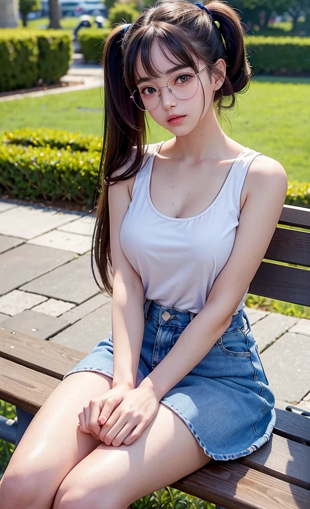 Masterpiece, perfect facial features, highly detailed face, highly detailed, 1 girl solo, 18 years old woman, shy, pink blushes, eye glasses, against the garden's park, sunset, dark skies, sitting on bench, twintails hair, hair bangs, white tank top with thin strap, cleavage, denim mini skirt, thighs, knees, arms on bench