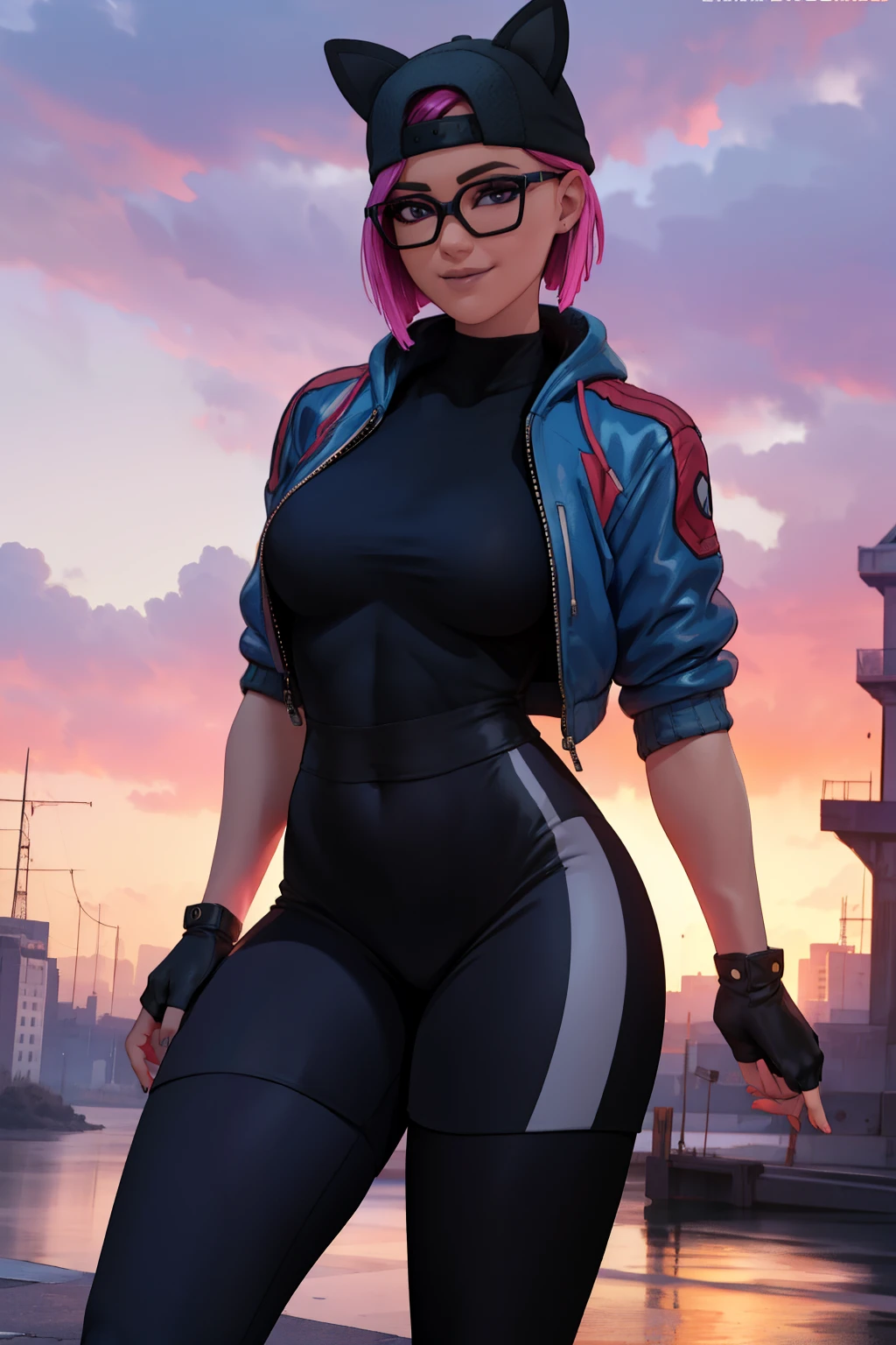 (masterpiece), (best quality), standing, (solo), looking at viewer, high detailed,extremely detailed, fine eyes, smile,dynamic pose, short pink hair,cap,loose black v neck t shirt, jacket,fingerless glove,curvy,glasses,(gray leggings),(portrait:1.2),