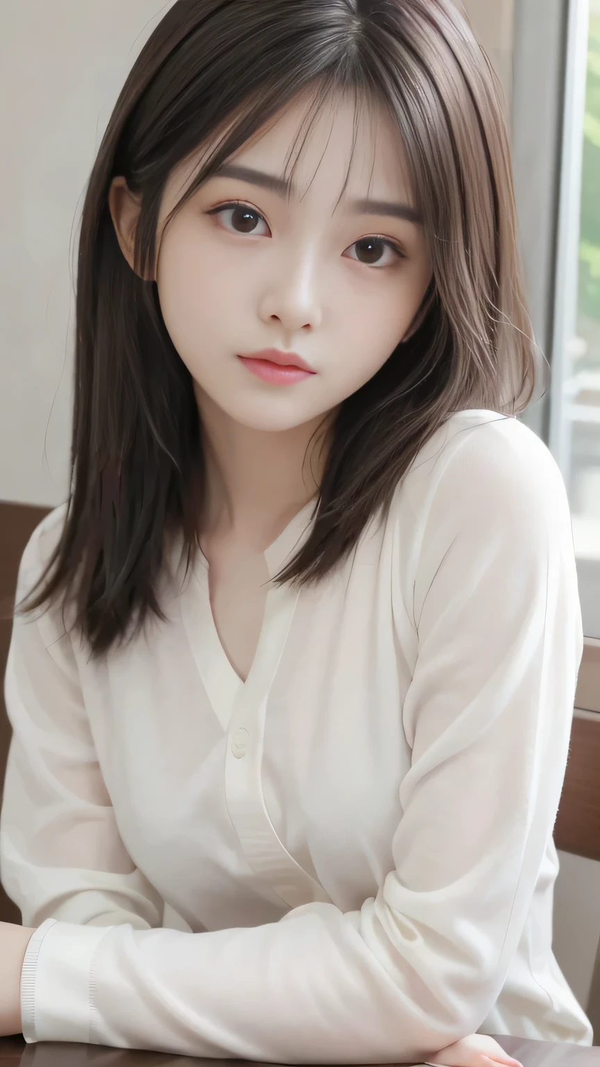 Masterpiece、Best Quality、Illustration、 Super detailed、Fine details、 High resolution、8K Denden Wallpaper、Perfect dynamic composition、24 year old beautiful girl、clear、Detailed beautiful face、Detailed beautiful eyes、Textured skin、A faint smile、Small breasts、Bold sexy pose、Spring long sleeve shirt、