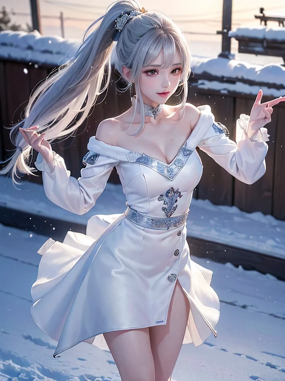 ((Image above the knee))((masterpiece:1.5、8k、Tabletop、Photorealistic and very detailed CG、Very detailed、Particle Effects、Dynamic Effects、Written boundary depth、Cinematic Light、Lens flare、Ray Tracing、Tabletop、Realistic:1.4、超A high resolution:1.2、Realistic、Realistic))((alone、Warm clothes 1.8、Elegant woman posing、Detailed face、Bright expression、young, Brighter, Whiter skin、Ample breasts、Best Looks、Ultimate beauty、Silver hair with shiny highlights、Bright shiny hair,、Super long, A ponytail hairstyle that is longer than your height、Hair dancing in the wind))(morning、The setting is a snow-covered urban station、Surrounded by winter illuminations)
