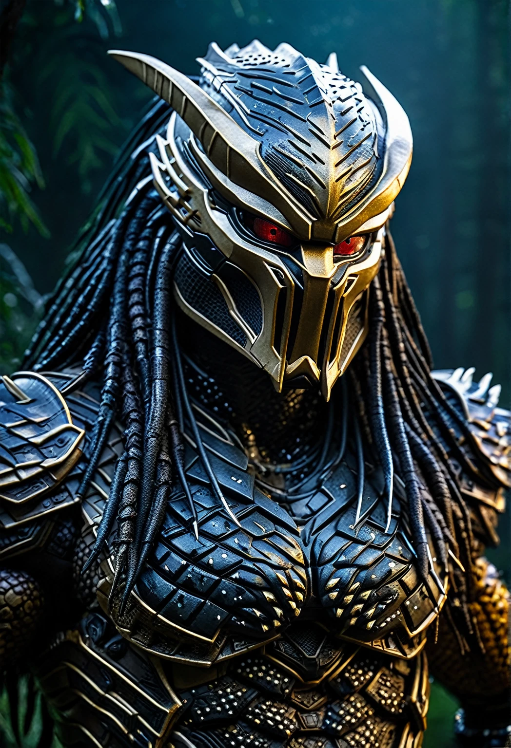 a close up of a predator statue in a forest with a light, the predator, predator, hot toys, predator alien, predator movie, predator eyes, predator film, hottoys, cinematic bust shot, apex predator, [ cinematic, avp, first 4 figures, 8 k high detail and intricate, cinematic close-up bust shot, closeup portrait shot, with cinematic lighting
