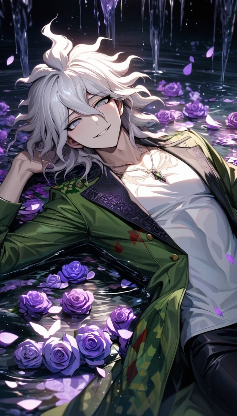 Ultra detailed, HDR, Highres, absurdres, master piece, Komaeda Nagito, white hair, expressive light geen eyes, green long coat, Danganronpa, white tight shirt with patterns, purple glittering butterflies, purple ice, petals, purple ice roses, sexy man, solo, extremely detailed face and eyes, extremely handsome, glittering, black pants, lying down, water, smirking