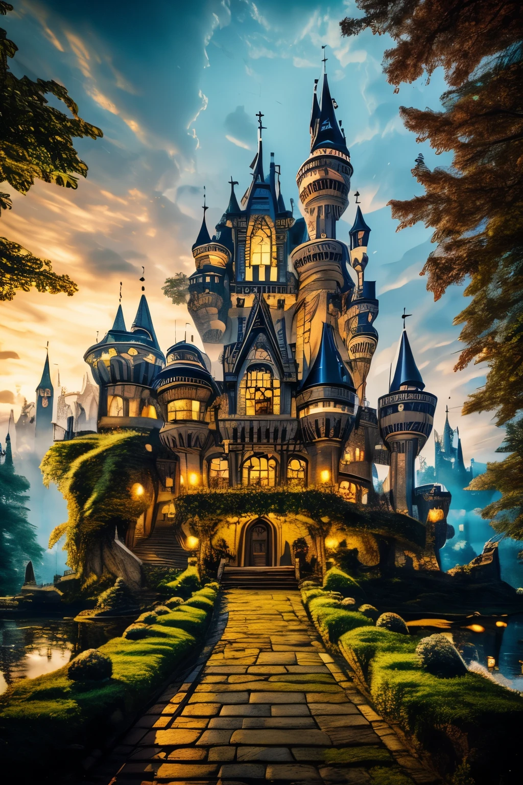 best quality, super fine, 16k, incredibly absurdres, extremely detailed, delicate and dynamic, castle, Grimm, Andersen, Aesop, fairy tale, mixture art, blend art, design art, artwork, fantasy, transparent, translucent, vivid and pastel colors, dream castle, Gothic, Romanesque, Baroque, Renaissance, Rococo, Art Nouveau, Northern Renaissance style