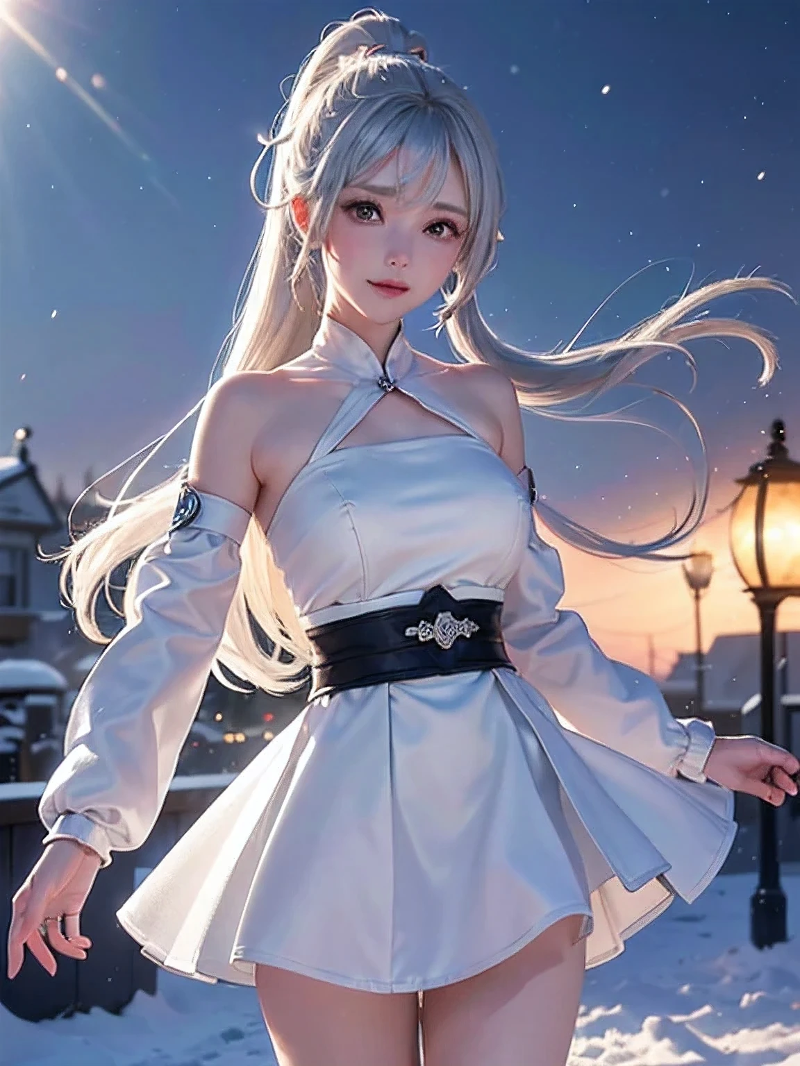 ((Image above the knee))((masterpiece:1.5、8k、Tabletop、Photorealistic and very detailed CG、Very detailed、Particle Effects、Dynamic Effects、Written boundary depth、Cinematic Light、Lens flare、Ray Tracing、Tabletop、Realistic:1.4、超A high resolution:1.2、Realistic、Realistic))((alone、Warm clothes 1.8、Elegant woman posing、Detailed face、Bright expression、young, Brighter, Whiter skin、Ample breasts、Best Looks、Ultimate beauty、Silver hair with shiny highlights、Bright shiny hair,、Super long, A ponytail hairstyle that is longer than your height、Hair dancing in the wind))(morning、The setting is a snow-covered urban station、Surrounded by winter illuminations)