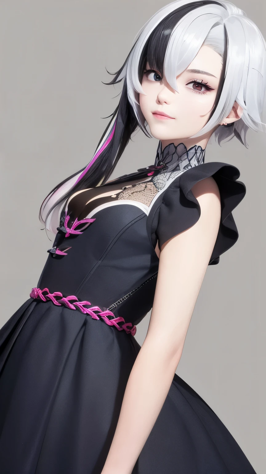 （（（masterpiece）），（（（best quality）） ),((Ultra Detailed)),(Light),(Dynamic Angle)，****************，Mid-chest，White hair，Black Hair，Colorful Hair，short hair，Straight Hair，Long braids，发Light的红眼睛，Red X pupil，Pink dress，Lovely little kids，The smile is good-looking，whole body，Realistic style