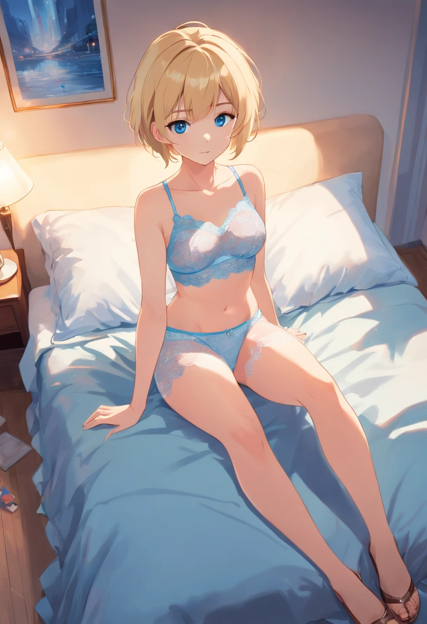 Women, ((Blonde)), ((Blue eyes)), ((Short hair)), ((Full Body)), on bed, posing sexy in transparent lace mini underwear and High heels, the floor reflects the image