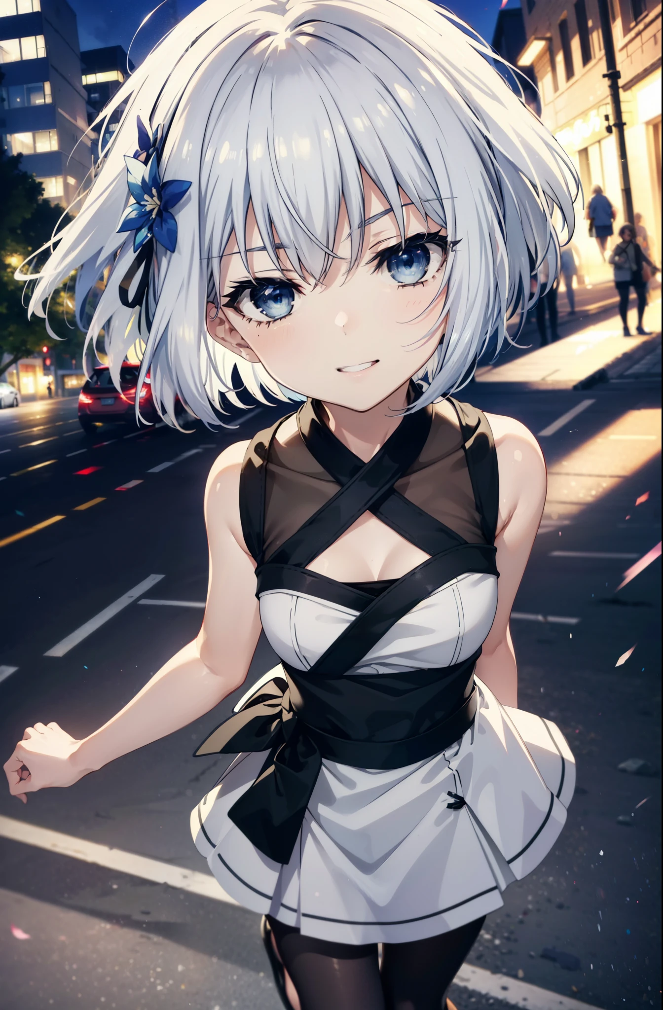 origamitobiichi, Origami Tobiichi Casual, short hair, blue eyes, hair ornaments, Gray Hair, Sleeveless dress,Long skirt,Black pantyhose,Heeled Sandals,happy smile, smile, Open your mouth,True Summer,Daytime,
break ,
break outdoors, In town,Building district, crowd, people々,
break looking at viewer, 
break (masterpiece:1.2), highest quality, High resolution, unity 8k wallpaper, (figure:0.8), (Beautiful fine details:1.6), Highly detailed face, Perfect lighting, Highly detailed CG, (Perfect hands, Perfect Anatomy),