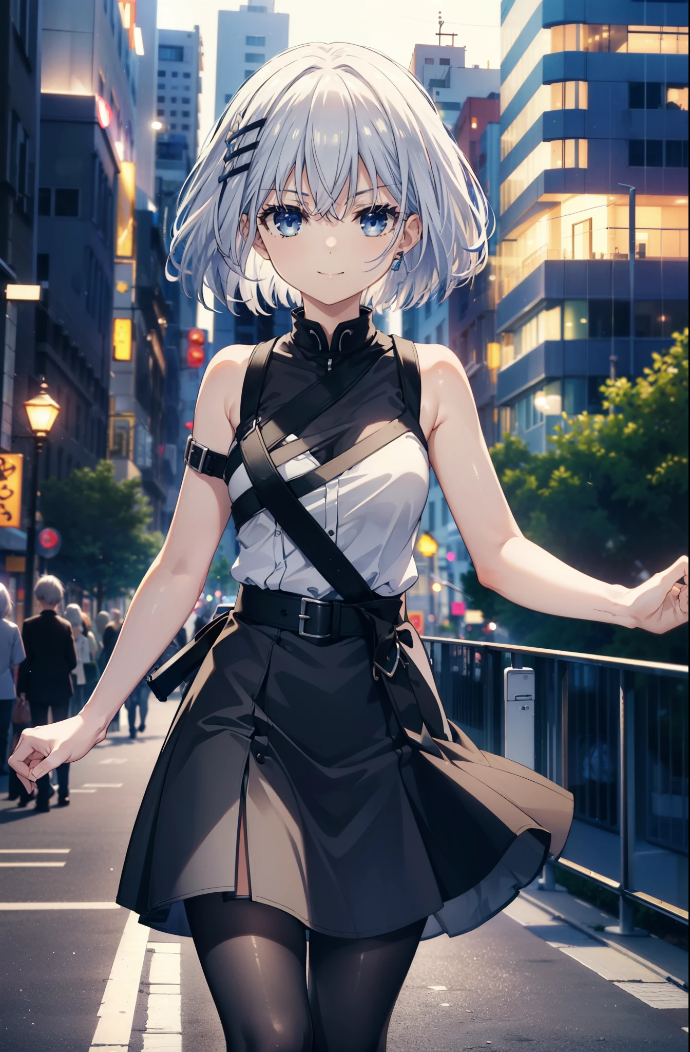 origamitobiichi, Origami Tobiichi Casual, short hair, blue eyes, hair ornaments, Gray Hair, Sleeveless dress,Long skirt,Black pantyhose,Heeled Sandals,happy smile, smile, Open your mouth,True Summer,Daytime,
break ,
break outdoors, In town,Building district, crowd, people々,
break looking at viewer, 
break (masterpiece:1.2), highest quality, High resolution, unity 8k wallpaper, (figure:0.8), (Beautiful fine details:1.6), Highly detailed face, Perfect lighting, Highly detailed CG, (Perfect hands, Perfect Anatomy),