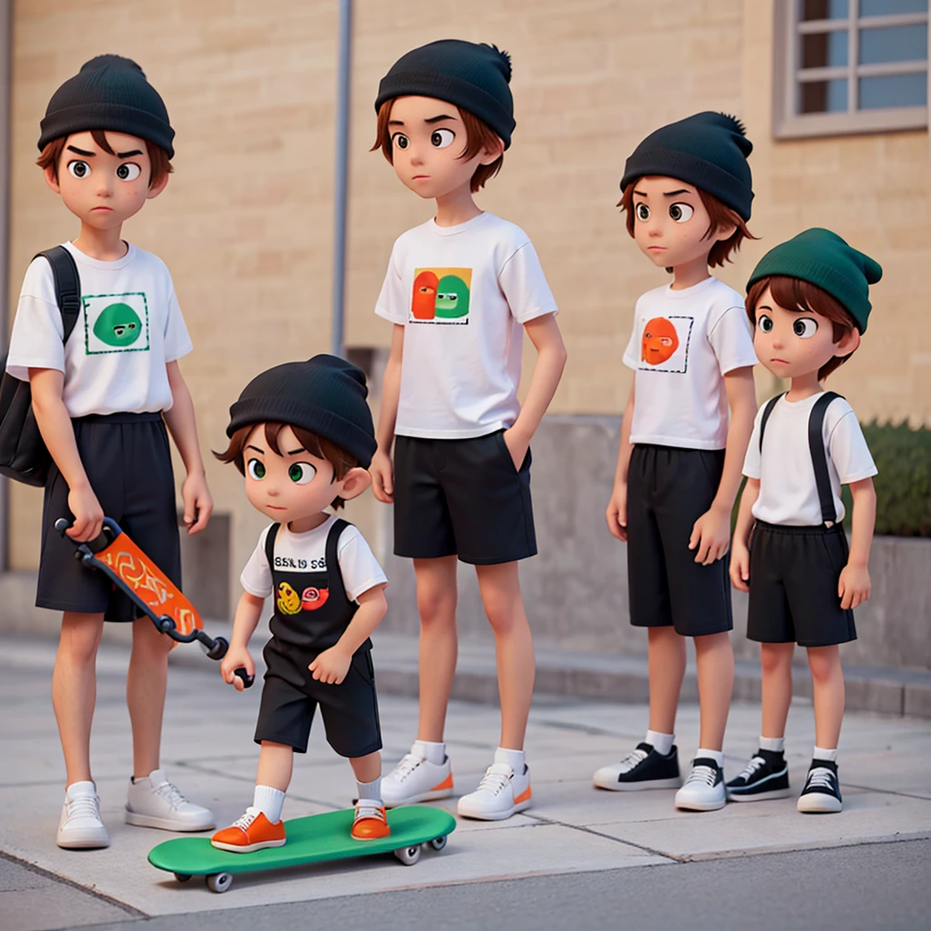 A man in a white T-shirt "Queuing people" It says, Green font and orange border. There is a black skateboard. Wear black slacks, Black Beanie, and black shoes. Chibi characters.