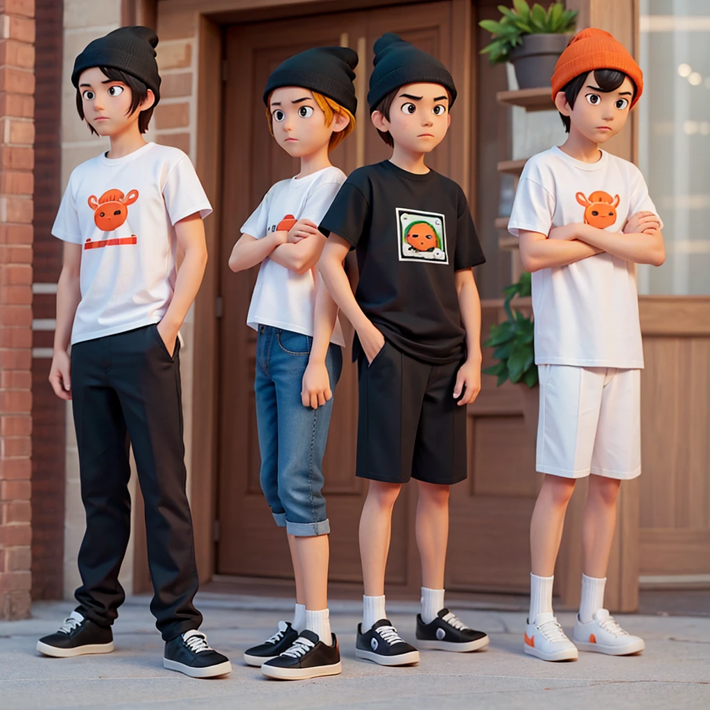 A man in a white T-shirt "Queuing people" It says, Green font and orange border. There is a black skateboard. Wear black slacks, Black Beanie, and black shoes. Chibi characters.