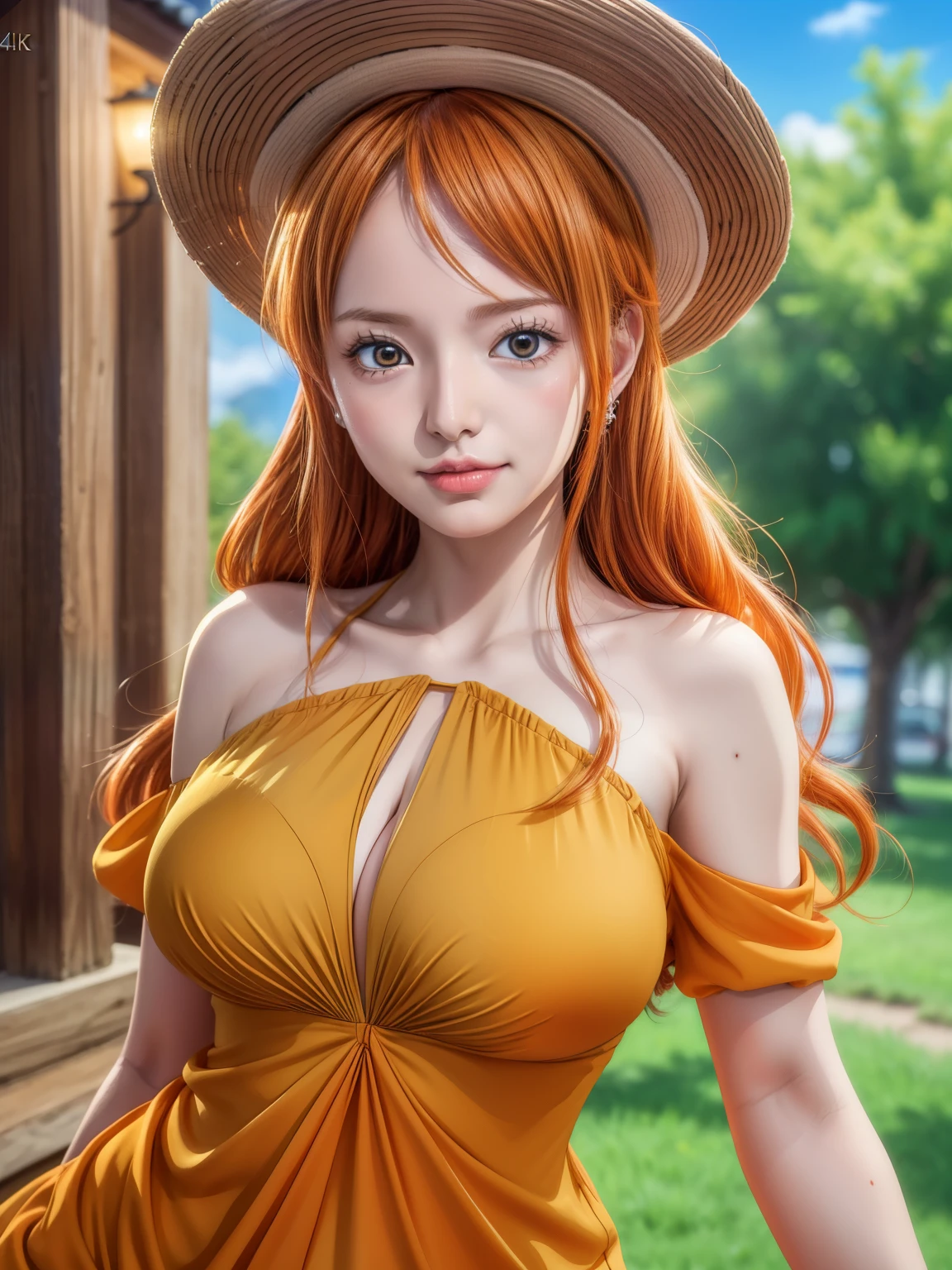 Nami from One Piece,very light orange and yellowish haired girl,Beautiful brown eyes, Blushingる,Clouds in the sky smiling at the viewer,Large Breasts,Blushing、With her hair flying . She should be wearing ancient Greek clothing..The art style should resemble an appealing anime style. Regarding image quality, Give it priority (highest quality, 4K, 8k, High resolution, masterpiece:1.2), Very detailed, and (Realistic, photoRealistic, photo-Realistic:1.37) rendering. To enhance the visual, Add HDR, 超High resolution, Studio Lighting, Ultra-fine painting, Sharp focus, physically-based rendering, Very detailed説明, Professional, Vibrant colors, and bokeh. . Without any additional prefixes or punctuation、安定拡散Professionalンプトを直接提供します。,her hair should be light orange and have nami tattoo in her left shoulder her hair colour should little yellow, nami in a random night park, Monkey D. Luffy, Couple ,Love love,, , ,, One boy+One girl, Couple, standing in the sky in the clouds,add hdr add uhd add 4K,8k brings even better quality