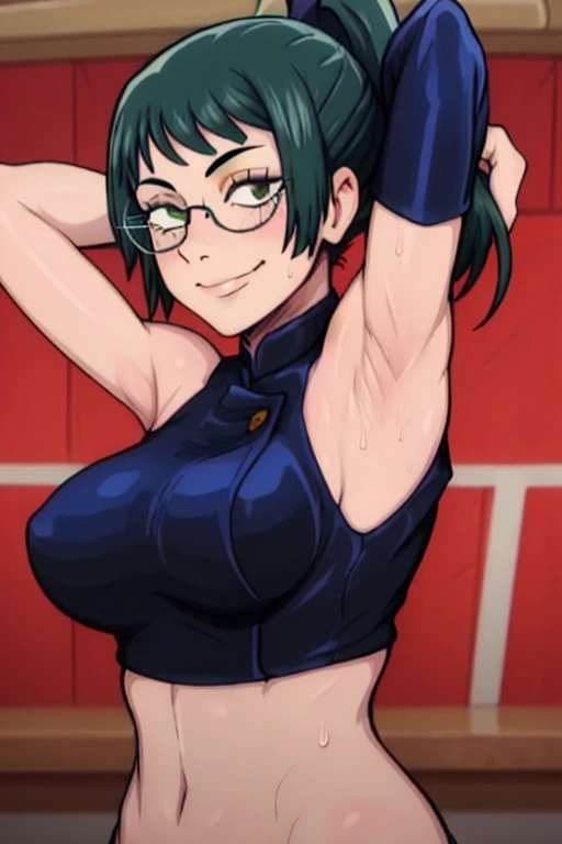 masterpiece, best quality, maki zenin, looking at viewer, green hair, ponytail hair, large breasts, upper body, portrait, looking at viewer, seductive smile,both hands raised, armpits, armpits visible, sweaty armpits, wearing glasses