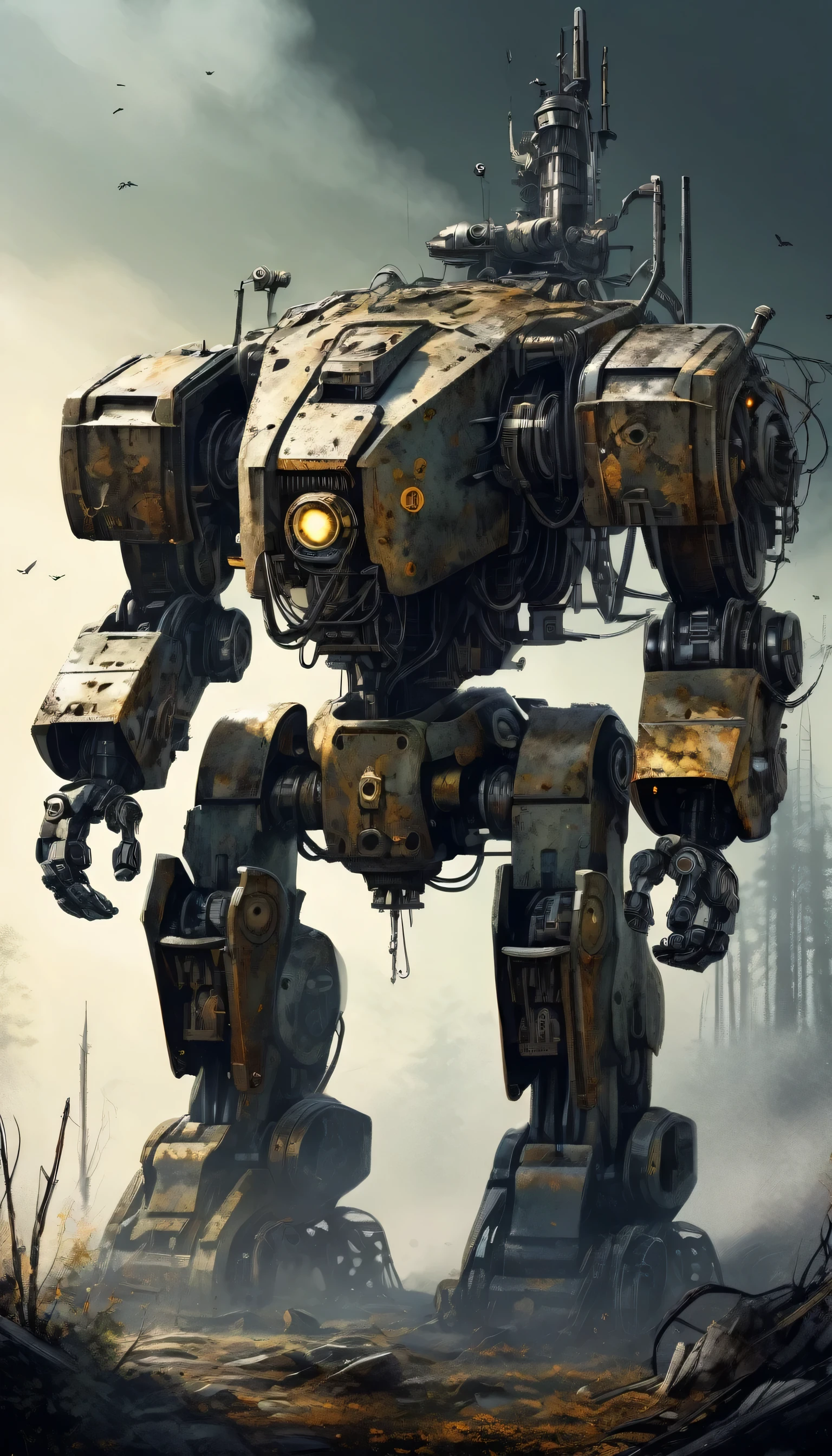 (((Stunning detailed grunge illustration of an abandoned mech:1.3))), Stylish body, Heartbreaking, A precious being, a vision of empty energy, A long, dark sleep, Traces of a fierce battle remain, The majestic nature of the interior, A breathtaking quadruped machine, Moss growing all over the body, Oil is attached, Rusty and torn arms, (((Dark nature illustration:1.3))), Burnt Gatling gun, Shoulder Shield, Awesome mammoth mech, Sharp details, Lights out, Crazy gears and pipes, Nature and Shadows, From machines to sparkling mist, Complex Machinery, (((Exquisitely detailed illustrations:1.3))), High Contrast,