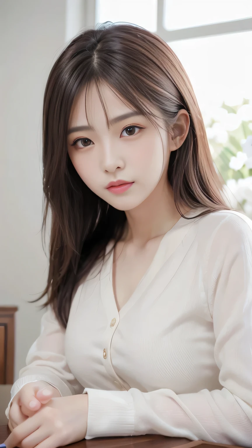 Masterpiece、Best Quality、Illustration、 Super detailed、Fine details、 High resolution、8K Denden Wallpaper、Perfect dynamic composition、Small breasts、31 year old beautiful mature woman、clear、Detailed face、Detailed eyes、Textured skin、A faint smile、Bold sexy pose、Spring long sleeve blouse、
