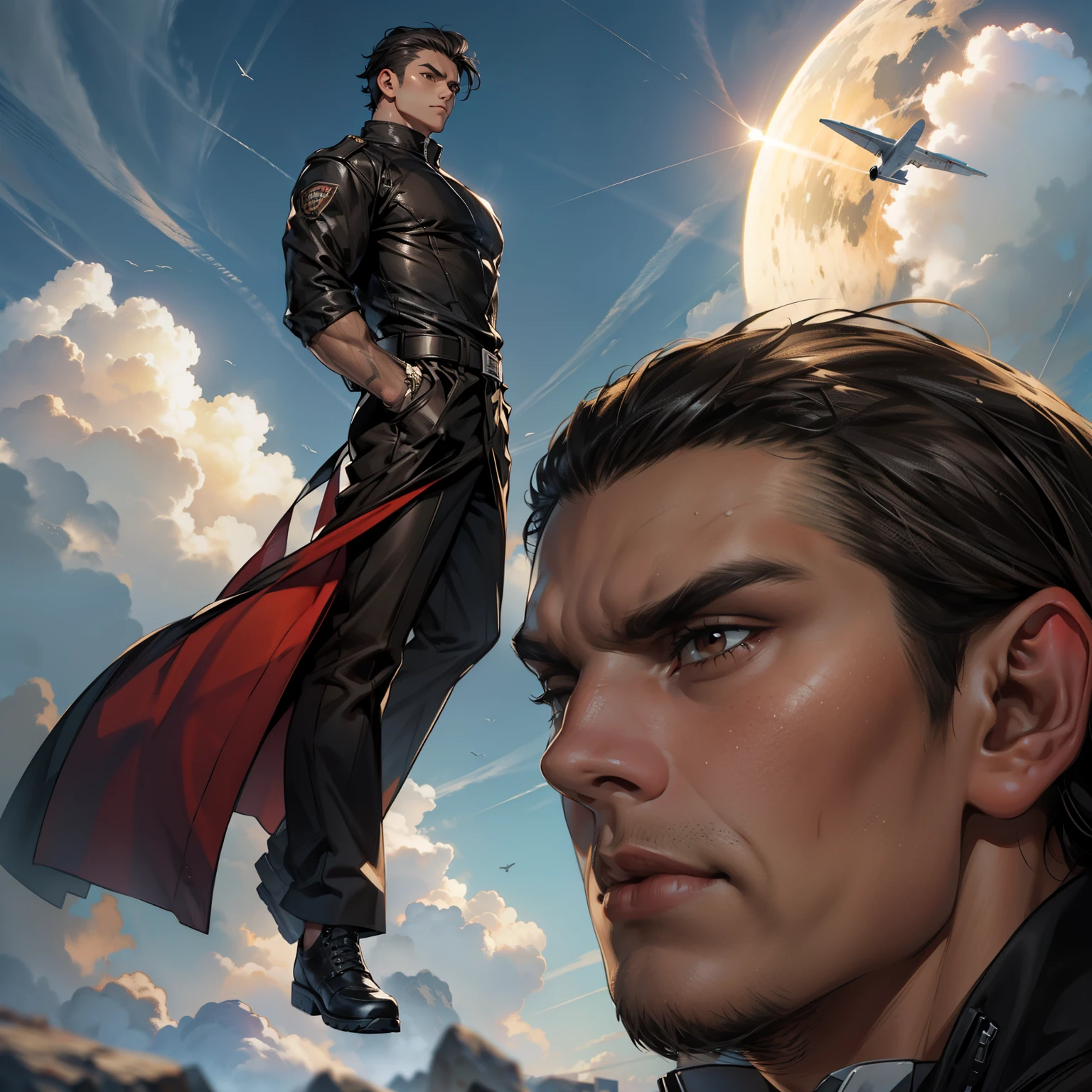 boys 26 Years old, juvenile, Serious face, brown eyes, black hair, brown eyes, muscular, black trousers, flying on sky, cloud