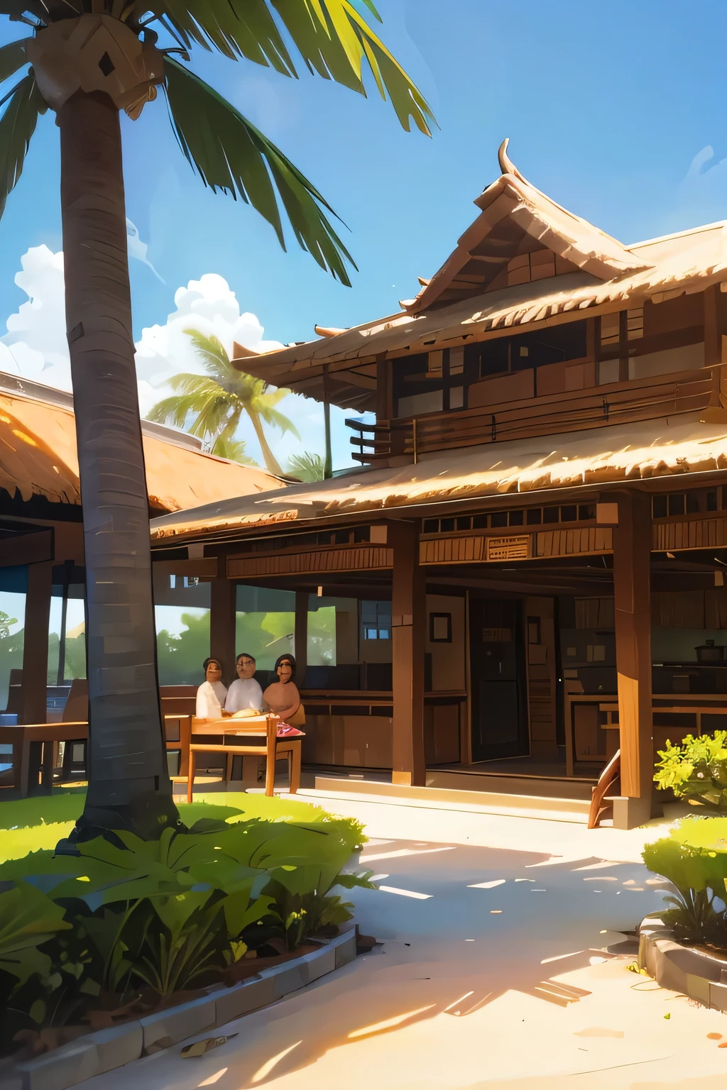 A mid-century era Polynesian restaurant with palm trees and tiki statues in front.