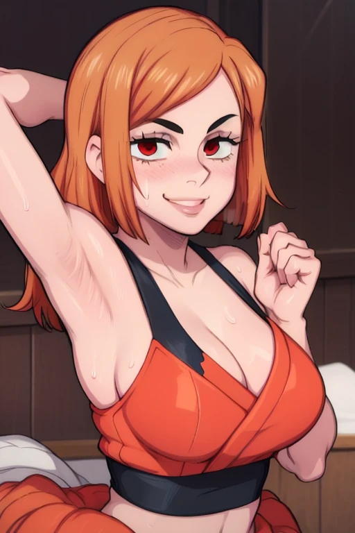 masterpiece, best quality, kugisaki nobara, looking at viewer, orange hair, large breasts, upper body, portrait, looking at viewer, seductive smile,both hands raised, armpits, armpits visible, sweaty armpits,