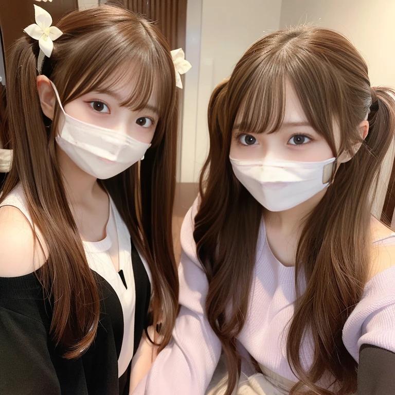 masterpiece、highest quality、Photographic reality、Beautiful girls、Brown long hair、Realistic photos、Wearing a mask over his mouth、Twin tails 、Loungewear、Simple room