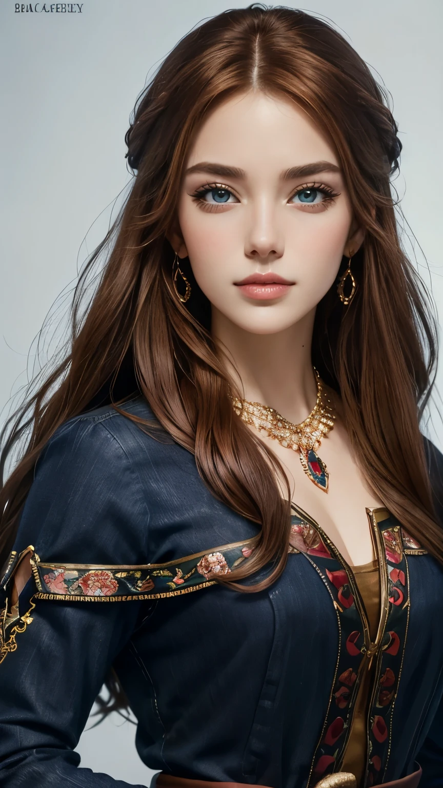 Cowboy Shot, highest quality, 超A high resolution, (Realistic:1.4), 細部までBeautiful Face, Detailed clothing, Attractive European women,highest quality, 4K, High resolution, masterpiece:1.2, Very detailed,(front:1.9),(Photorealistic:1.4)Beautiful Face, (looking at the camera),Cute face, 、RAW Photos, highest quality,, Vibrant, Red and blue eyes，Strong gaze，Vibrant colors，（frontを向く:1.5)masterpiece，Best image quality，Beautiful royal maiden bust，delicate reddish-brown hairstyle，Black eyes are crystal clear，Exquisite craft jewelry，Decorate with flowers，Exaggerated jewelry earrings，Super Detail。