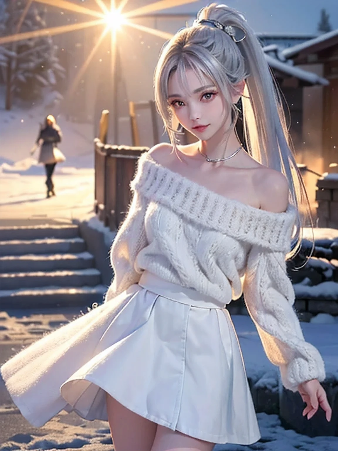 ((Image above the knee))((masterpiece:1.5、8k、Tabletop、Photorealistic and very detailed CG、Very detailed、Particle Effects、Dynamic Effects、Written boundary depth、Cinematic Light、Lens flare、Ray Tracing、Tabletop、Realistic:1.4、超A high resolution:1.2、Realistic、Realistic))((alone、Warm clothes 1.8、 off shoulder, sweater,Elegant woman posing、Detailed face、Bright expression、young, Brighter, Whiter skin、Ample breasts、Best Looks、Ultimate beauty、Silver hair with shiny highlights、Bright shiny hair,、Super long, A ponytail hairstyle that is longer than your height、Hair dancing in the wind))(morning、The setting is a snow-covered urban station、Surrounded by winter illuminations)