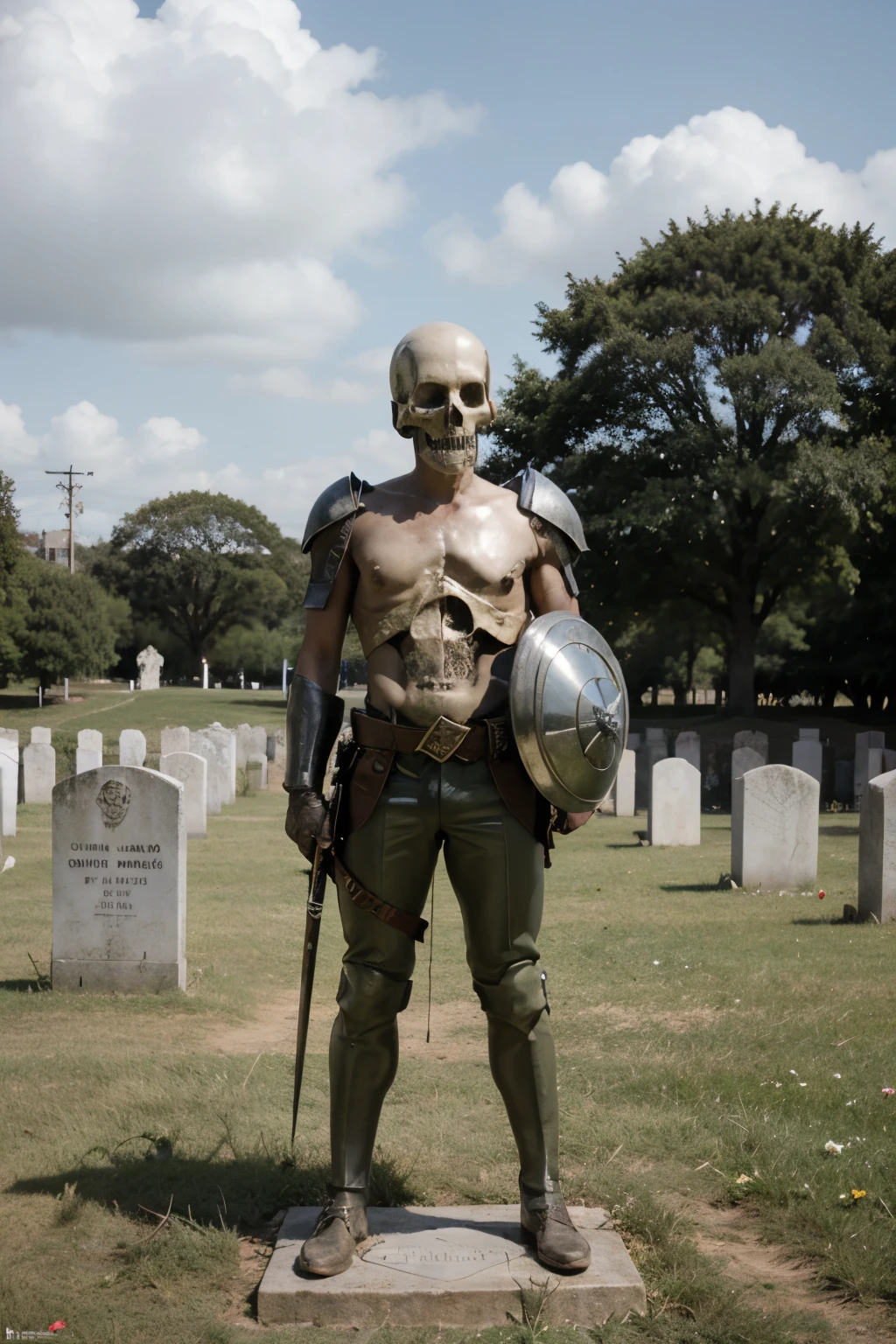 guerreiro espartano, STANDING , with right hand skull and left hand shield, cemetery, 8k