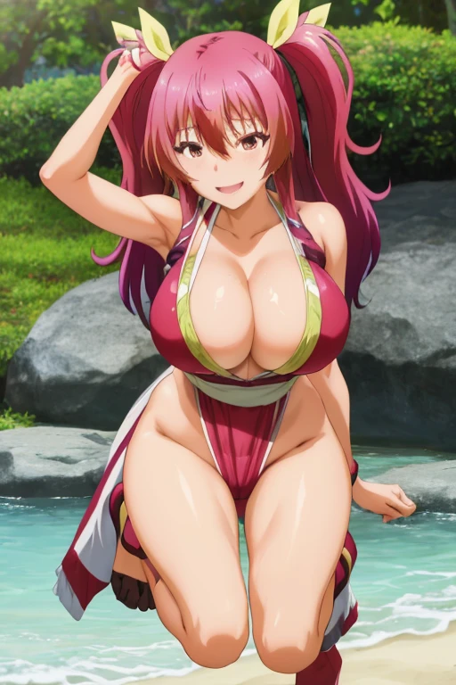 masterpiece, best quality, beautiful art, high resolution, well formed hands, body and fingers, 1 woman,solo, Stella Vermillion, grown up, adult, big ed, cleavabody, long hair, hair ornament, cosplaying as Mai Shiranui, gorgeous legs and thighs, sexy japanese thes, she is doing exercise, warming up, stretching her body, bouncing breasts, bikini texy and erotic trainingorking ouating, smiling joyfully and brightly, training montage session, beach environment