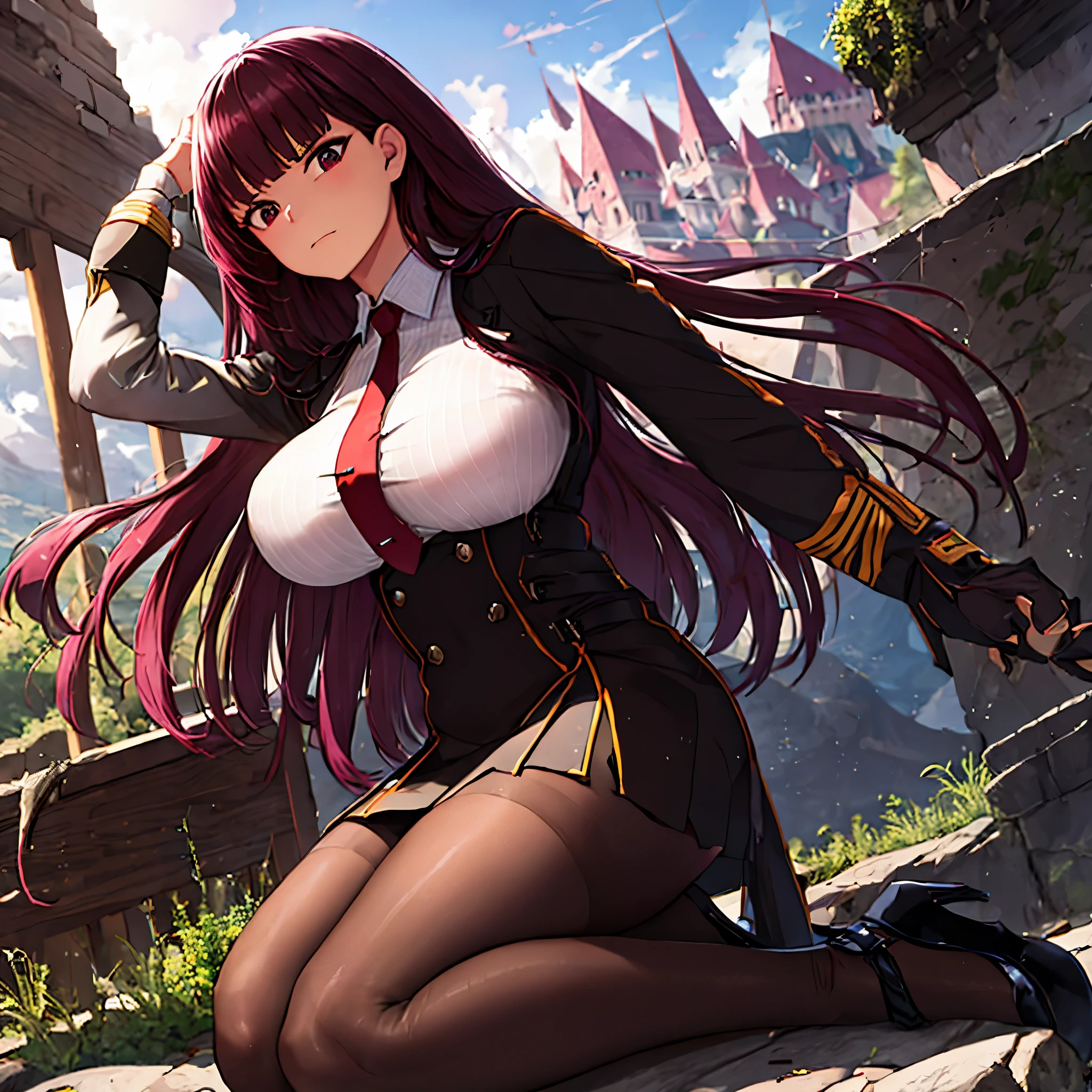 a woman wearing a black suit, burgundy tie, white t-shirt inside the suit, short black skirt, brown tights, black heels, long burgundy hair, burgundy eyes, on a high point of a rocky mountain, overlooking the a city, serious face, big breasts, full body,bloom,, HDR, ultra resolution, sharp, masterpiece, 8K HD
