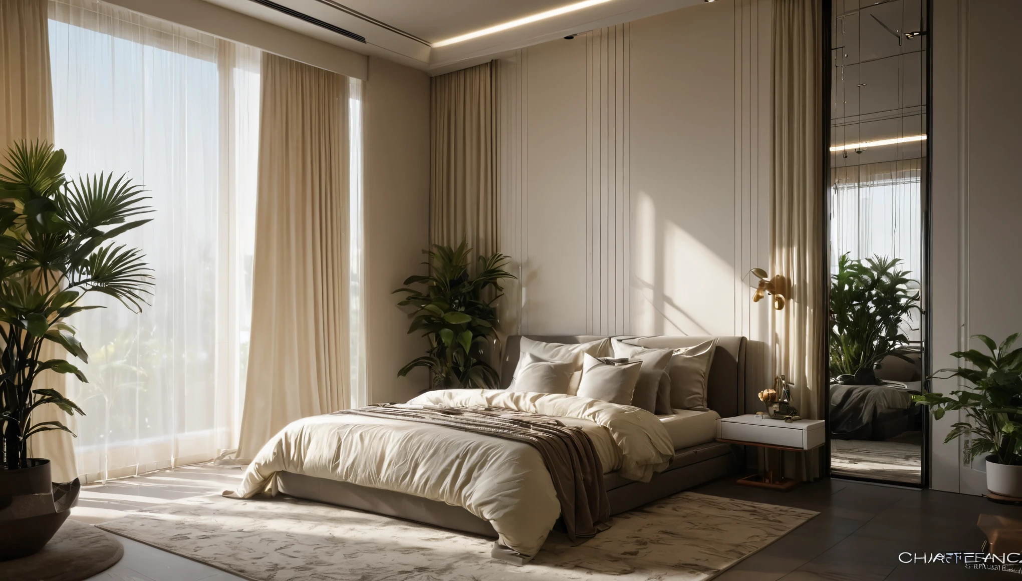 Best quality，masterpiece，chiaroscuro, ray tracing, 8k, award winning，Interior design，+unmanned，Cream Style，bedroom，Advanced Plants，curtain，carpet，(((1 bed)))，daytime，Sunlight