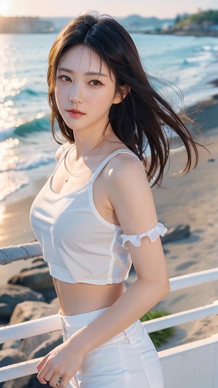 (((best quality))),(((ultra detailed))),(((masterpiece))),illustration,((1girl,naval officer,solo)),(short ponytail:1.2),((slim,thin)),((small breasts,flat chest)),(white collared short-sleeved shirt:1.3),(white pleated skirt:1.2),(slender legs:1.2),vibrant colors,ocean background,(on the warship:1.3),majestic,turquoise waves,sun reflection,white clouds,sky,brilliant shade of blue,confident posture,gaze fixed on horizon,wind,gently blows hair,stray strands,flutter in breeze,adventure,excitement,unknown waters,beauty,strength,determination,female power,resilience,striking looks,powerful setting,sea,captivating,inspiring image,viewer,drawn to presence,challenging environment,military service,bravery,dedication,((from front,upper body))