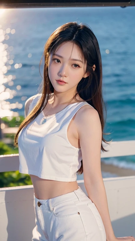 (logo、masterpiece、8k、Tabletop、RAW Photos、wonderful、最high quality、Photorealistic and very detailed CG synthesis 8k wallpaper、high quality、Very detailed、narrative poem、Particle Effects、Dynamic Effects、Depth of written boundary、Cinematic Light、Lens flare、Ray Tracing)、Fantasy、 (One beautiful woman、White Pants、White T-shirt、White tube top、White crop top、Black-haired、Beautiful Face、True Face、Beautiful details、eye、Beautiful Skin、Ultimate Body、glamorouy hair dances in the wind、Hair flutters in Wind、Hair bounces、Seaside、Wonderful views、coastal、sunrise、Sun in the background、Wind、Beach