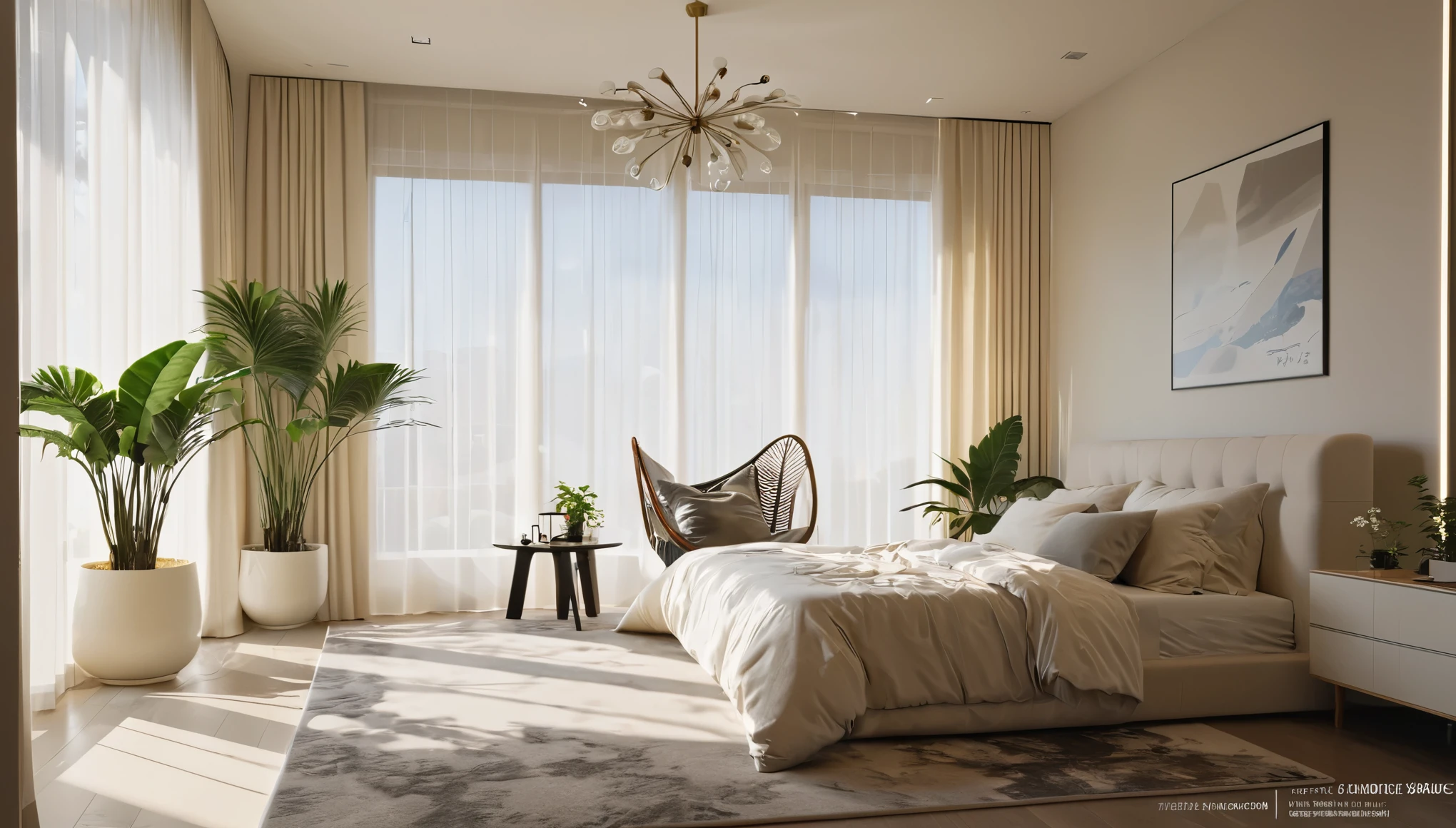 Best quality，masterpiece，chiaroscuro, ray tracing, 8k, award winning，Interior design，+unmanned，Cream Style，bedroom，Advanced Plants，curtain，carpet，(((1 bed)))，daytime，Sunlight