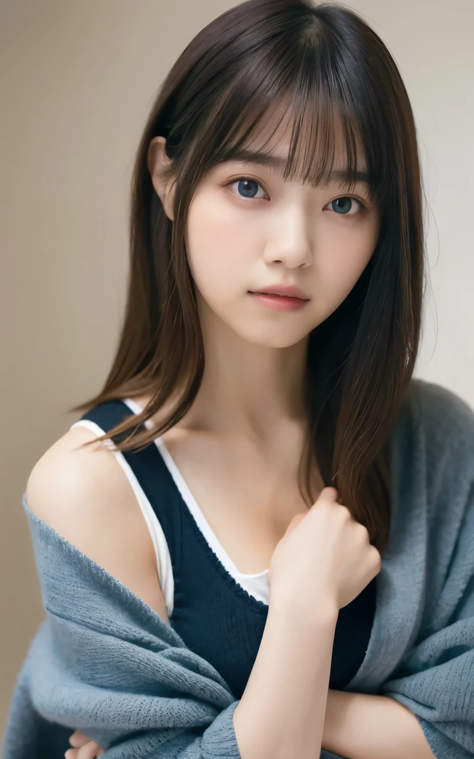 masterpiece, highest quality, 8k, 20th Generation, Large Breasts, cute, alone, sad, cute, Girlish, Delicate girl, Pure beauty, RAW Photos, Professional photography, Portraiture, Soft Light, Professional Lighting, Backlight, Head to Knee, avert your eyes, Sophisticated, Film Grain, (Eyes and facial details:1.0), Short floating hair, Beautiful, flowing hair, bangs, (Loose cardigan(Dark blue))、(Large Breasts:1.0)、You can see a little cleavage、Micro Mini Skirt、Voluptuous thighs、Dolly Makeup、Odd Eye、The color of the eyes is different on each side、One red eye