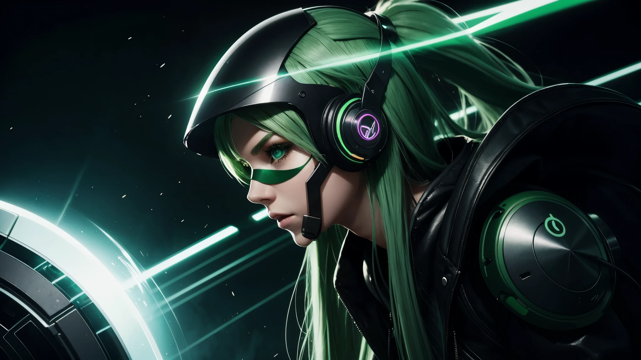 Girl with long green hair, Green Eyes, Futuristic atmosphere, Mask on mouth, Headphones, 8k, high quality, Simple Background, Glowing Eyes, Good pose