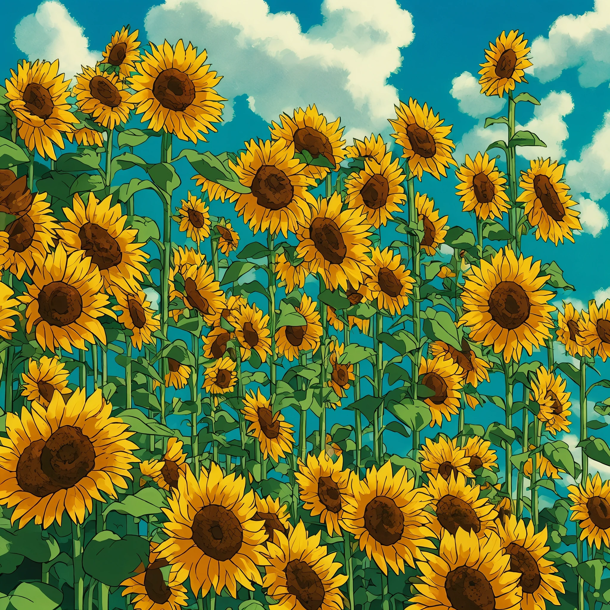 sunflowers with honey jars, ethereal look with heavy gold and orange colors, ghibli/anime style