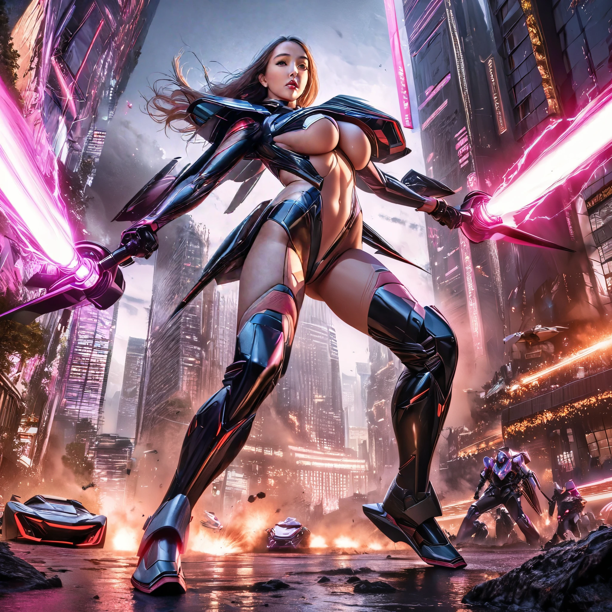 (best quality,4k,8k,highres,masterpiece:1.2),ultra-detailed,(realistic,photorealistic,photo-realistic:1.37),cute woman,beautiful detailed eyes,beautiful detailed lips,extremely detailed eyes and face,longeyelashes,girl in a garden,mounting into her mecha combat armor (beautiful, sleek, futuristic),sexy skin tight high tech pilot suit (revealing),(matching the colors of the mecha armor),open mecha armor,enveloping her,cityscape,powerful mecha suit,advanced technology,glowing neon lights,high-rise buildings,towering skyscrapers,bustling streets,people in futuristic clothing,futuristic vehicles (flying cars,hoverbikes),mecha combat in progress,action-packed scene,dramatic lighting,high contrast,colorful lights,unleashing energy beams and projectiles,explosions and debris,fierce battle,adrenaline pumping,thrilling moment,electrifying atmosphere,artistic masterpiece,professional digital art,sci-fi concept artists. (show her from head to toe, full body shot, show all of her)