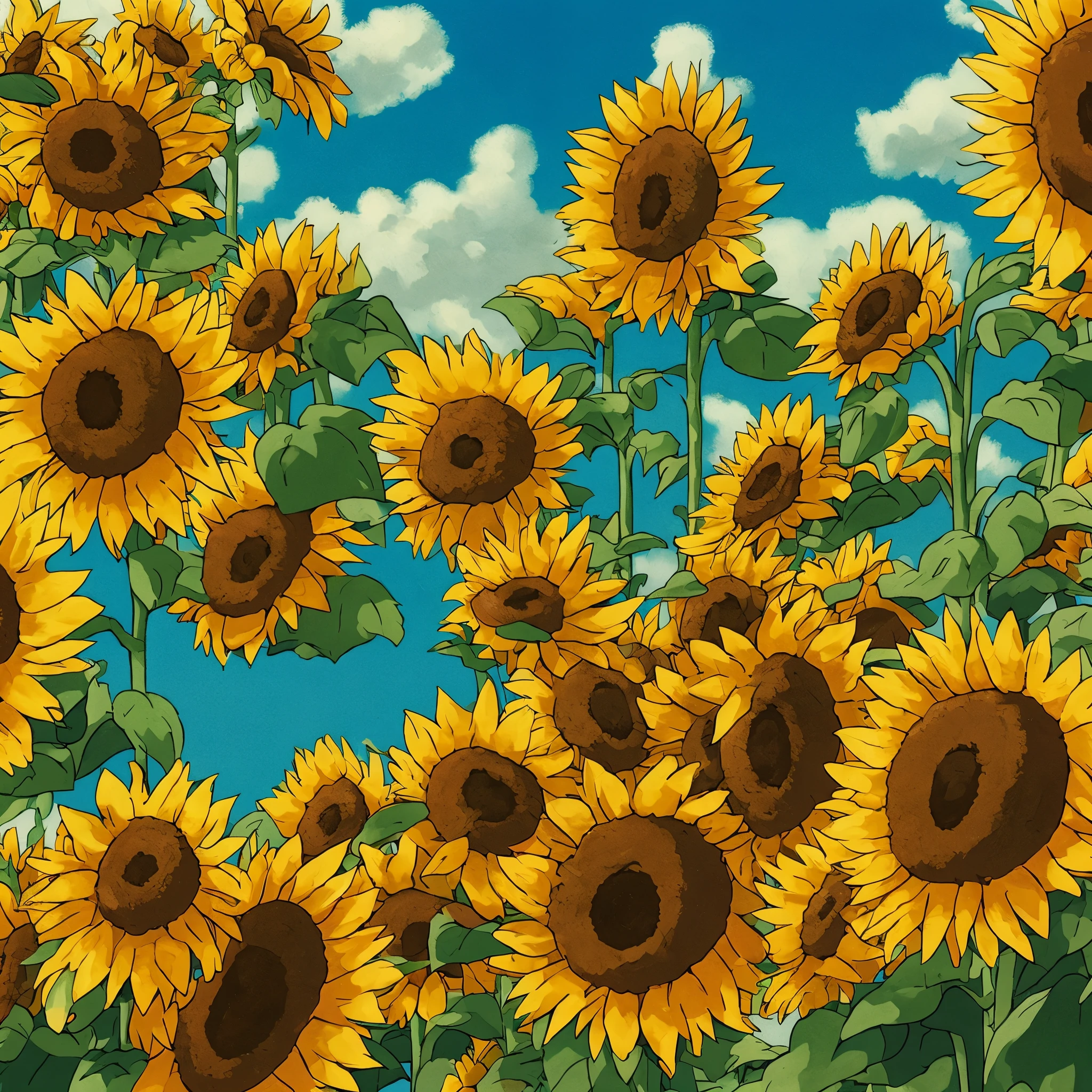 sunflowers with honey jars, ethereal look with heavy gold and orange colors, ghibli/anime style