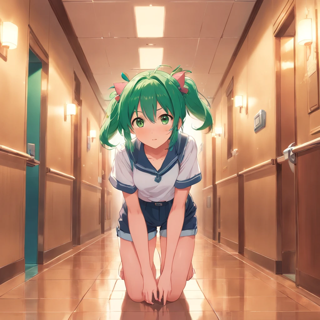 1girl,zundamon,voicevox ,green hair, blush stickers, animal ears,white shirt, short sleeves, long hair, suspender shorts,shorts, puffy sleeves, low ponytail, hair ears,
ceiling, full body, looking down, scared, hotel corridor, closed mouth,
masterpiece, best quality,