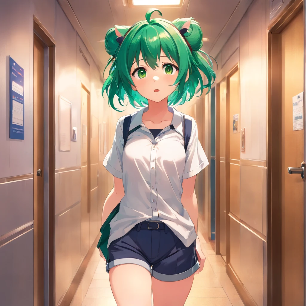 1girl,zundamon,voicevox ,green hair, blush stickers, animal ears,white shirt, short sleeves, long hair, suspender shorts,shorts, puffy sleeves, low ponytail, hair ears,
ceiling, full body, looking down, scared, hotel corridor, closed mouth,
masterpiece, best quality,