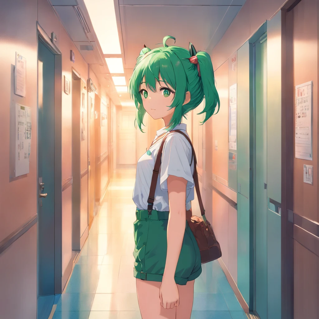 1girl,zundamon,voicevox ,green hair, blush stickers, animal ears,white shirt, short sleeves, long hair, suspender shorts,shorts, puffy sleeves, low ponytail, hair ears,
ceiling, full body, looking down, scared, hotel corridor, closed mouth,
masterpiece, best quality,