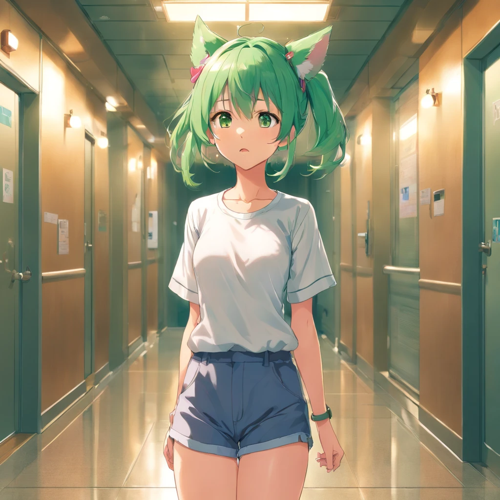 1girl,zundamon,voicevox ,green hair, blush stickers, animal ears,white shirt, short sleeves, long hair, suspender shorts,shorts, puffy sleeves, low ponytail, hair ears,
ceiling, full body, looking down, scared, hotel corridor, closed mouth,
masterpiece, best quality,