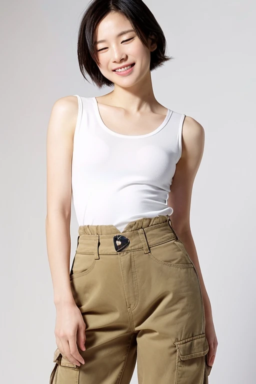 A beautiful and cute middle-aged Japanese woman, an inorganic Snow White background, natural skin, a cute smile with her mouth closed, very short short black hair, a visible forehead, a young-looking face, small build, short stature, White fitted sleeveless T-shirt, cargo pants, natural skin, standing tall, full body photo, serious and honor student atmosphere, correct posture, upper body