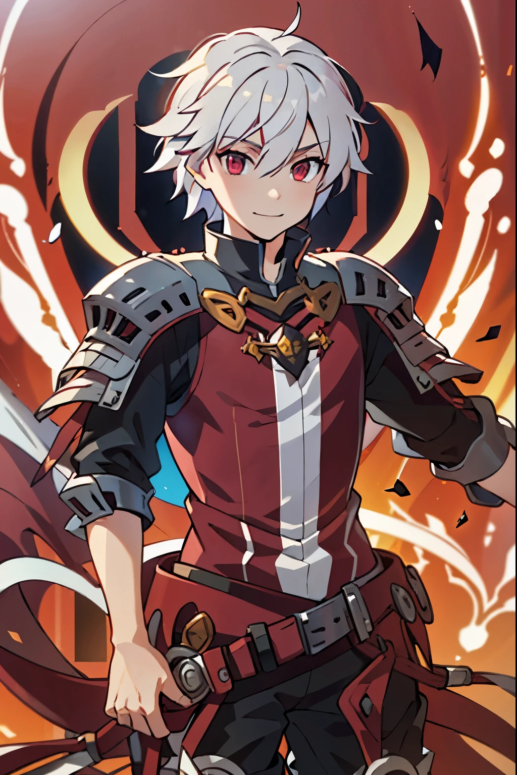 Large medieval kingdom in the background, old mature male, white hair, red eyes, vibrant eyes, bright eyes, (((psicotic eyes:1.0))), 26 years old, tall, medieval armor, light armor, (((red armor:1.0))), Mystical armor, Golden details on the armor, elsword style armor, smirking, smiling, happy expression, blood over the face, cowboy shot, high resolution:1.2, best quality, master part, daylight, Reflection of lens, upper body shot