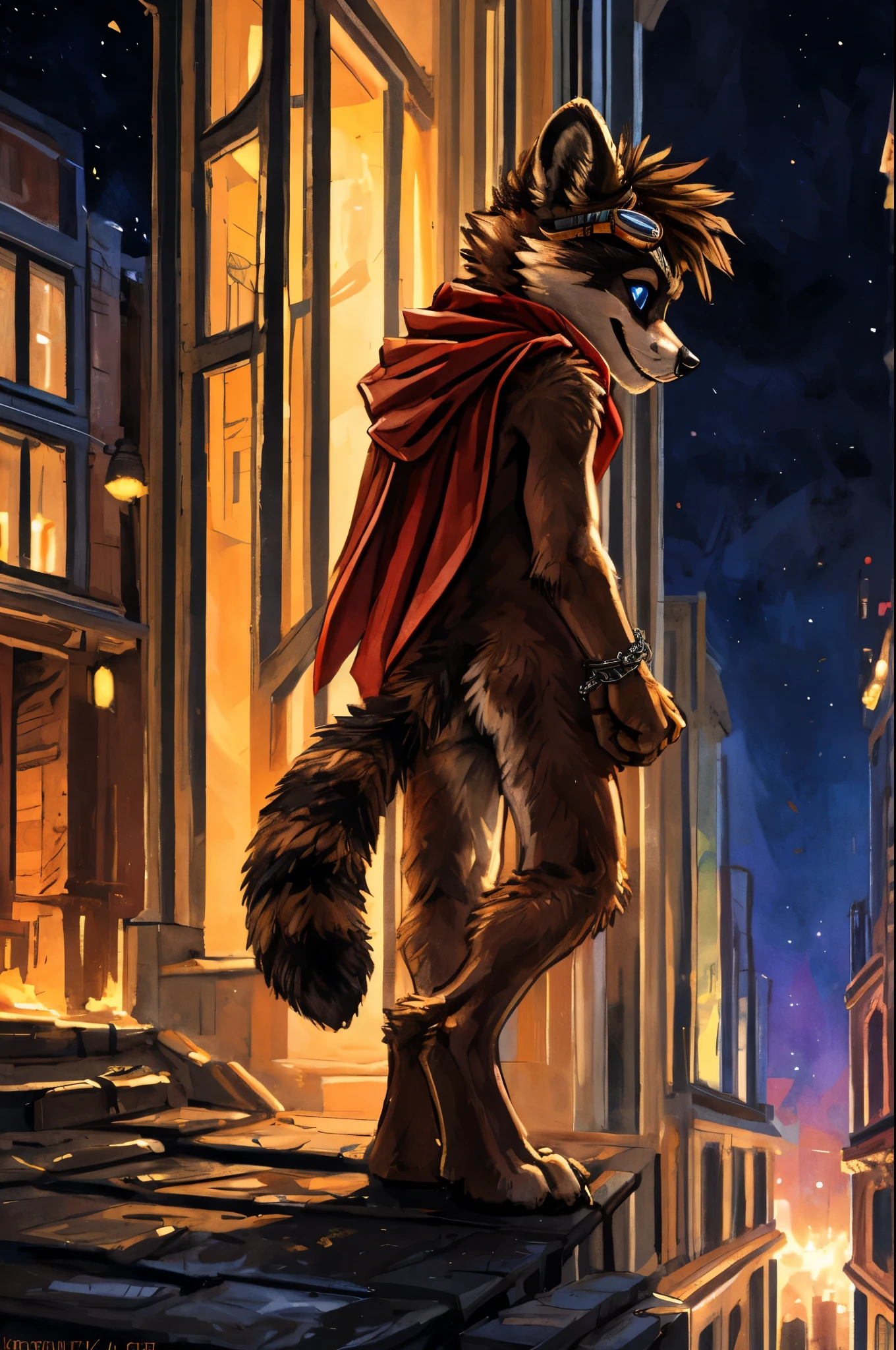 no lighting, deep shadow, dynamic angle, masterpiece, high quality, hi res, solo, young Furry, furry, young, raccoon, spiked brown hair only on head, red scarf, blue eyes, goggles, chain harness, red cape, masterpiece, detail body, fur all over body, detailed face, detailed eyes, detailed hands, Skinny, claws, high resolution, metal cuffs on wrists, metal cuffs on ankles, no shirt, no underwear, city, night, , art by kenket, flaccid penis, foreskin, rear view