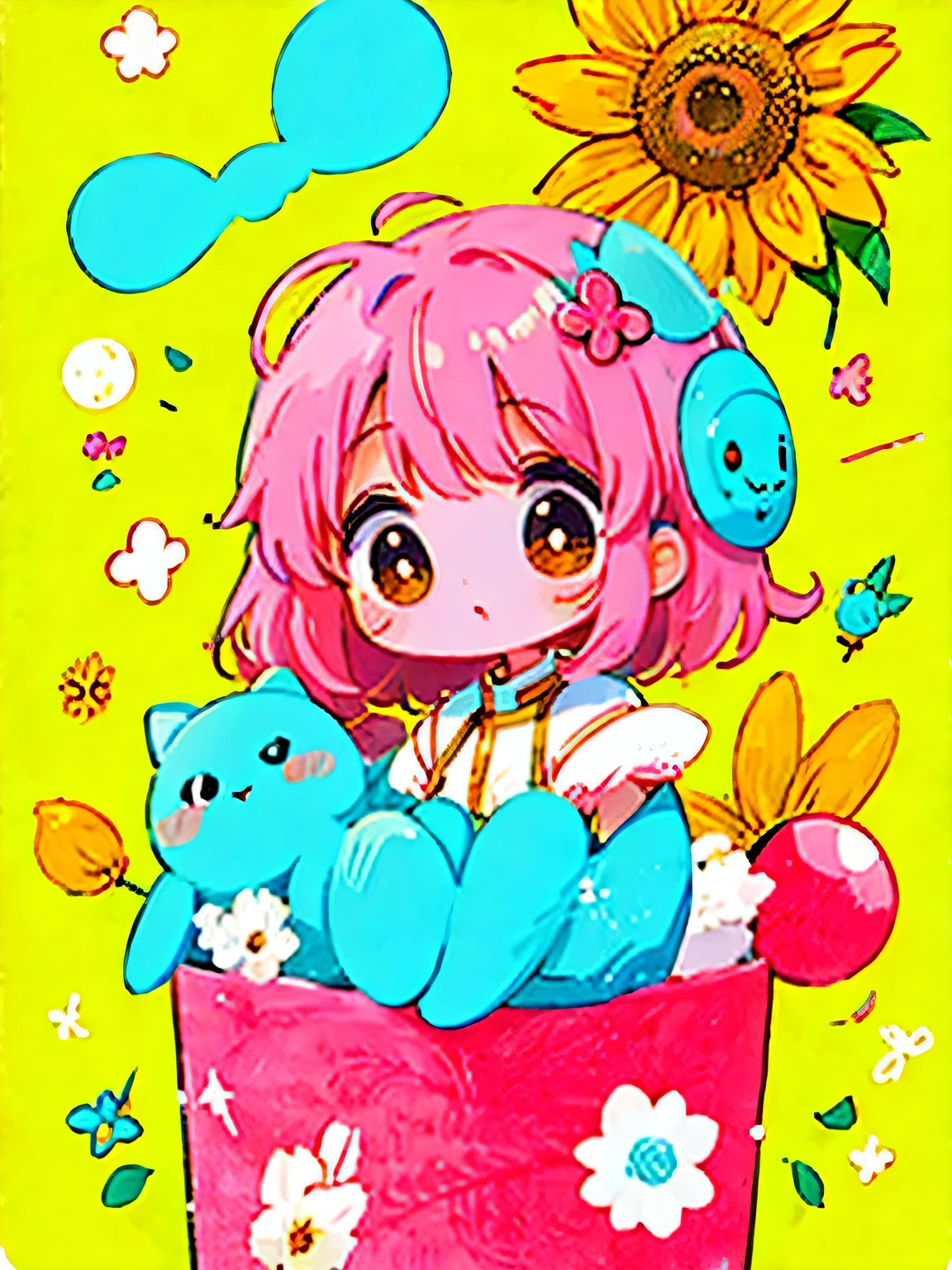 Momoko Sakura style, Kawaii Design, (((Chibi)))、Cute Alien、funny, sunflower,