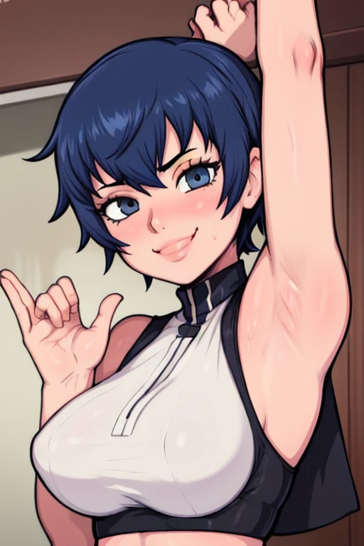 masterpiece, best quality, naoto shirogane, looking at viewer, blue hair, large breasts, upper body, portrait, looking at viewer, seductive smile,both hands raised, armpits, armpits visible, sweaty armpits,