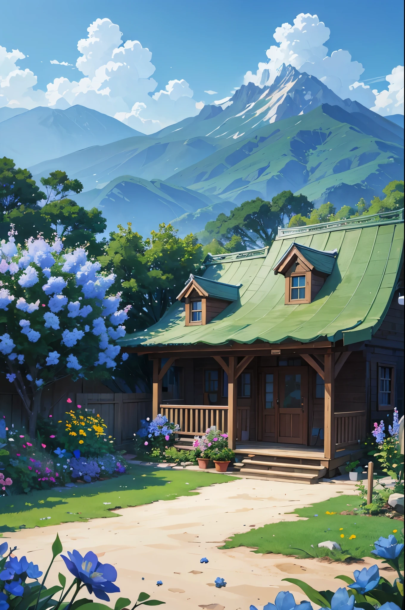 There's a small house on the mountain, with the garden of blue flowers, play dog in garden,  anime style, 8k, details, clear.