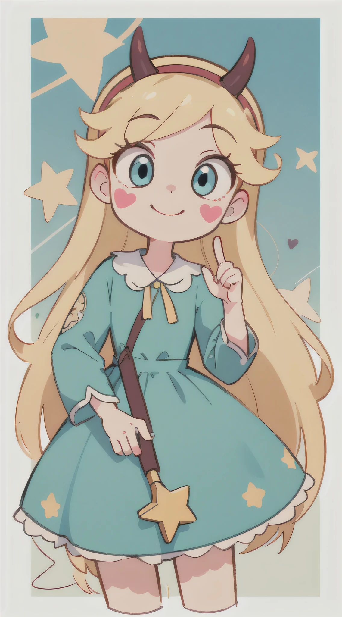 Star Butterfly, One girl, Blonde, Horned hat, hair band, Long Hair, alone, heart, blue eyes, Facial blemishes, very Long Hair,Teal Dress, , Brush Sticker,View your viewers, smile,   